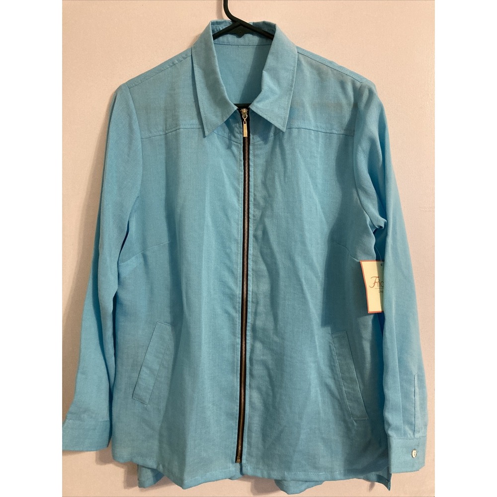 Fridaze Women's Shirt Blue Small Linen Blouse Zip Front Top Aqua #895